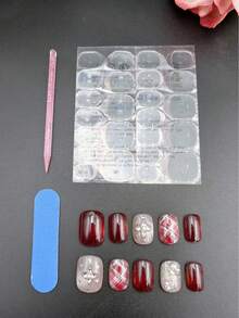 10片手工美甲贴纸，酒红色短椭圆形，时尚花香风格，法式美甲贴纸，美甲贴花，新年美甲，情人节美甲，UV凝胶美甲，夏季美甲，可佩戴美甲，优雅别致设计，高端法式风格，凝胶指甲油，闪粉，猫眼效果，金属光泽 - 酒紅色 - 查看 10