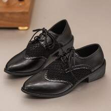 Women's Summer New Thick Heel Mesh Patchwork Versatile Retro Hollow Lace-Up Shoes - Black - View 2