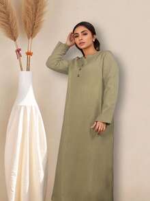 1PC Women's Button Front Abaya – Olive Green Long Sleeve Maxi Dress With V-Neck And Three Dark Buttons, Loose Fit Modest Gown In Lightweight Woven Fabric, Elegant Islamic Clothing For Daily Wear & Ramadan Iftar - Army Green - View 1