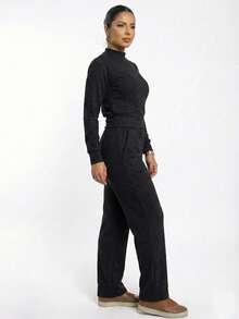 Women's Set Cold Long Sleeve Blouse High Neck And High Waist Pants Knit Winter Cold Warm Fashion Casual Elegant REF: Jennifer - 黑色 - 查看 2