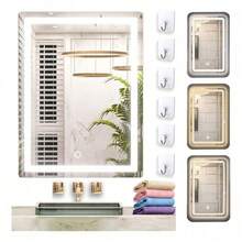 Espejo Rectangular Con Luz Led 50 X 70 Cm 3 Tonos De Luz Fría Neutra Cálida Atenuable Para Baño O Tocador Interruptor Táctil Montaje Vertical + Ganchos Transparentes 6pzs + Toallas 4pzs - Negro - Ver 2