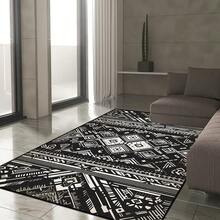 1 pieza Alfombra con patrón geométrico de diamantes beige sobre fondo negro. La tela de terciopelo pesa aproximadamente 850 gramos y el grosor es de aproximadamente 0,6 cm. La alfombra es resistente al desgaste, antideslizante y fácil de limpiar. Hay disponibles una variedad de tamaños. Adecuada para cocina, sala de estar, comedor, dormitorio, balcón, baño, estudio y otras escenas. Es la elección perfecta para la decoración del hogar. - A - Ver 3