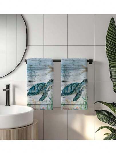 2pcs Vintage Sea Turtle Design Kitchen Towels, Decorative Hand Towels, Absorbent Tea Towels For Kitchen, Bathroom, Home Decor