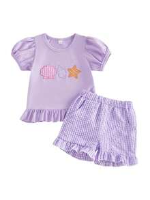 Toddler Baby Girl Clothes Summer Short Sleeve Starfish Conch Seashell T-Shirt Ruffle Plaid Shorts Outfits 6M-4T - Màu tím - Xem 1