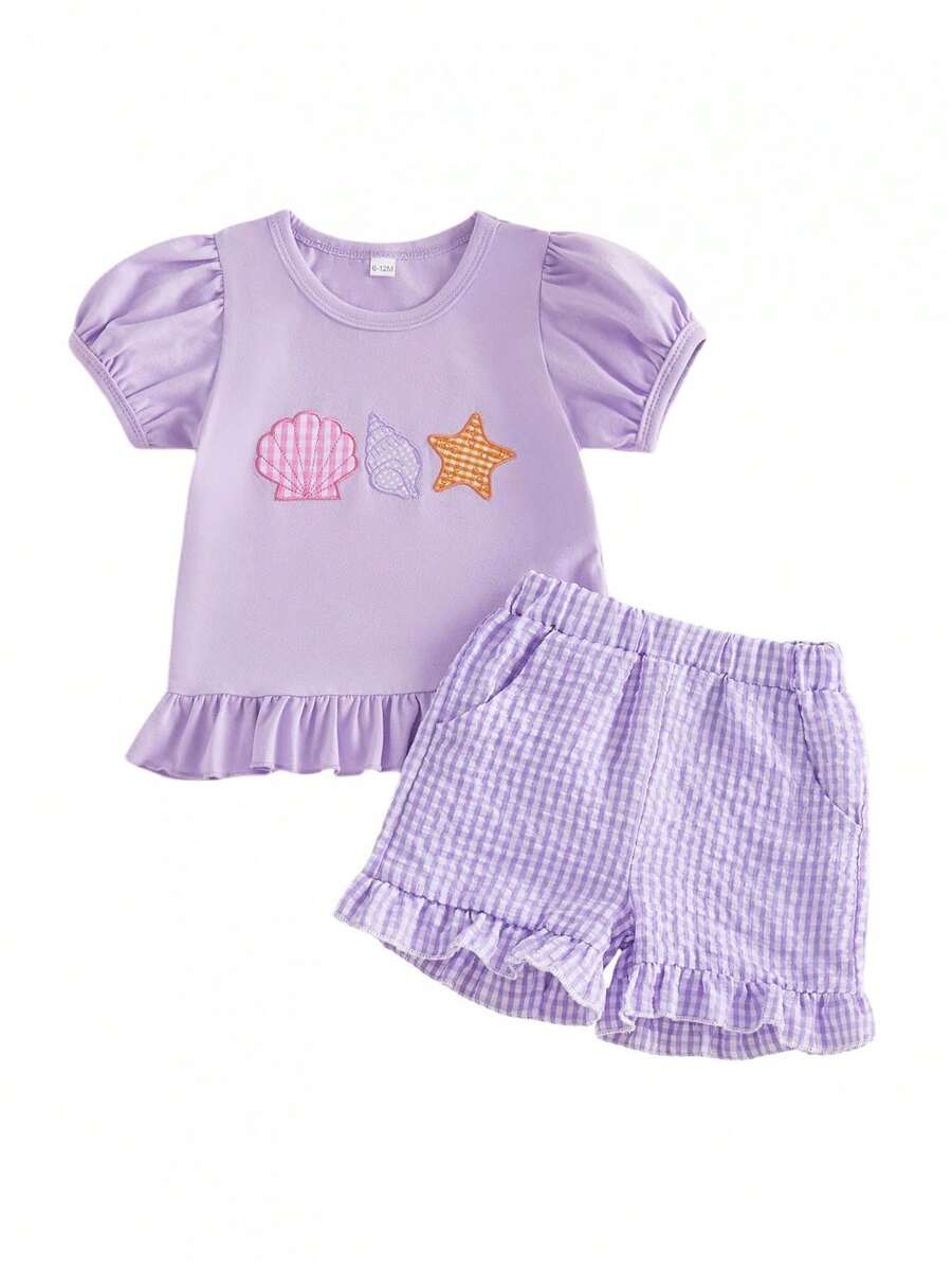 Toddler Baby Girl Clothes Summer Short Sleeve Starfish Conch Seashell T-Shirt Ruffle Plaid Shorts Outfits 6M-4T - Màu tím - Xem 1