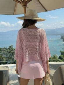 Áo thun nữ thanh lịch, thời trang xuân/hè, kiểu dáng thường ngày, đi nghỉ mát, đi biển, màu hồng dệt kim khoét lỗ, đính sequin, cổ tròn, màu trơn, hơi xuyên thấu, có mũ trùm đầu. - Hồng - Xem 2