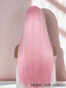 粉色直发合成蕾丝假发，中分直发粉色假发，自然发际线，耐热纤维蕾丝假发，女士角色扮演服饰 - 彩色 - 查看 8