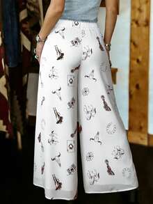 Women's Casual White Vacation Ruffled Elastic Mesh Printed Wide Leg Pants, Spring/Summer - White - View 4