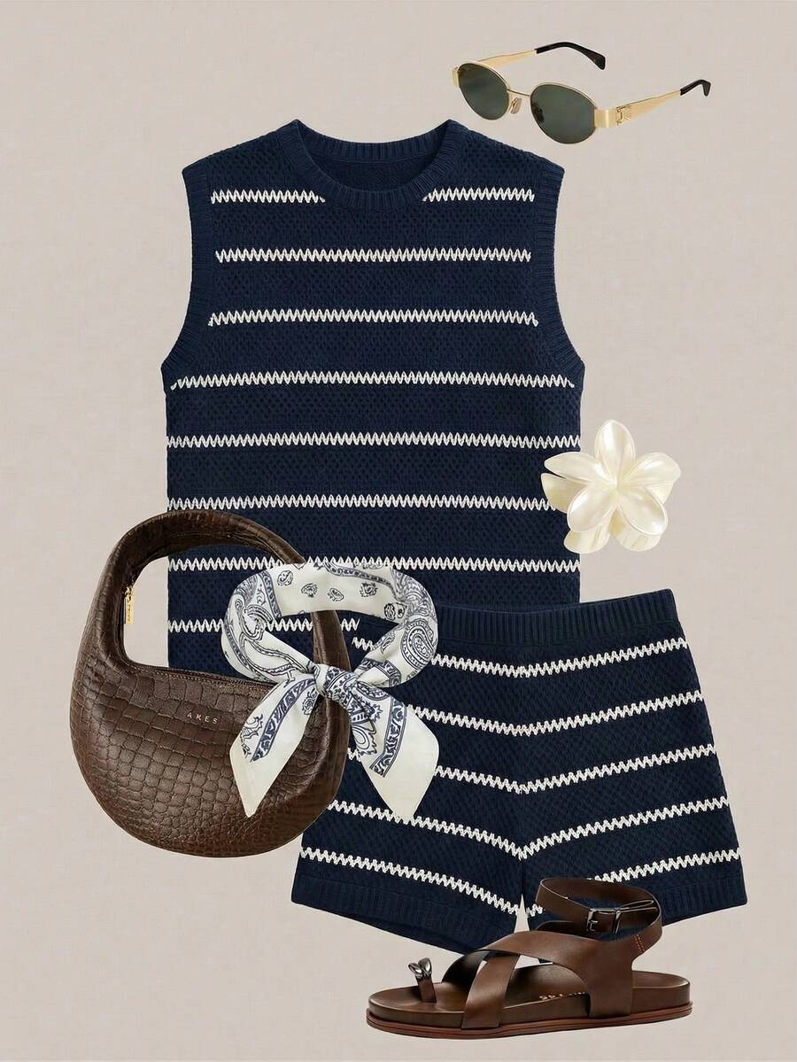 Women's Fashionable Vacation-Style Contrast Color Textured Striped Hollow-Out Beach/Casual/Vintage Sexy Cropped Top And Shorts Set, Summer Spring - Navy Blue - View 1