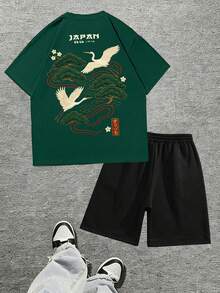 Zrgoth Men's Casual Versatile Crane & Landscape English Slogan Short Sleeve T-Shirt And Shorts Set, Spring/Summer - Dark Green - View 4