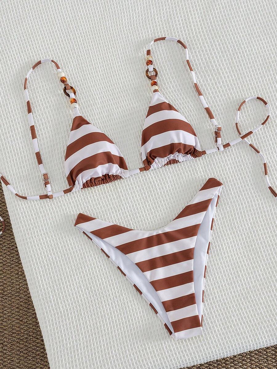 女士性感简约青春两件式泳衣套装，条纹串珠细肩带，适合海滩、度假、旅行、派对、约会，春夏新品 - 彩色 - 查看 1
