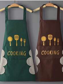 1件防水防油厨房围裙，中性工作面料，卡通印花时尚腰带，女士厨房围裙 - 多色 - 查看 4
