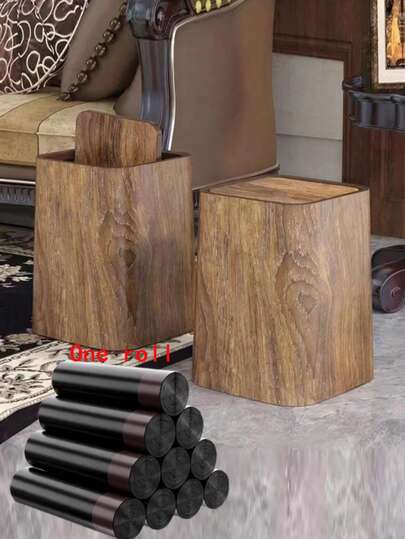 1 pieza Papelera cuadrada de plástico con textura de madera y tapa, a prueba de olores y sellada, adecuada para dormitorio, baño, sala de estar, oficina y cocina. Apta para usar durante el Ramadán y el Eid al-Fitr.