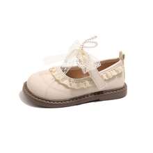 Girls' Butterfly Pearl Hook And Loop Lace Flat Shoes, Comfortable & Versatile Princess Shoes - Beige - View 6