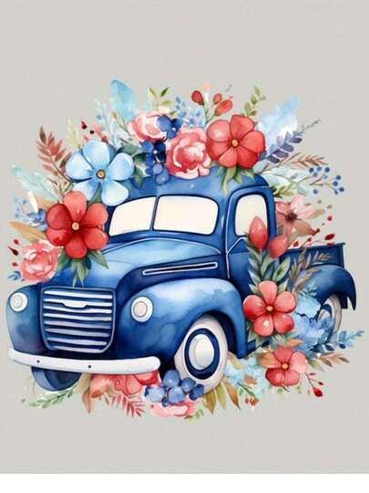 1 pieza/2 piezas/3 piezas Pegatinas de transferencia de calor con racimo floral de camión azul, adecuadas para camisetas DIY, vaqueros, almohadas, mochilas, sombreros y fundas de sofá, resistentes al agua, resistentes a la decoloración, duraderas, lavables, pegatinas de plástico con patrones divertidos, decoración de tela, adorno de ropa, manualidades y aficionados