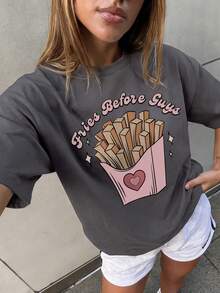 Women's Summer Round Neck Short Sleeve T-Shirt With French Fries Print, Casual Style Suitable For Daily Wear - Dark Grey - View 3
