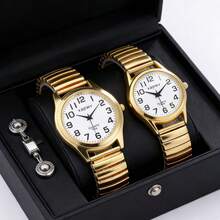 XAPWV 一对金色情侣石英表，弹性表带，大号数字，时尚简约休闲腕表，男女皆宜 - 金色 - 查看 2
