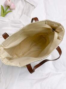 Straw Woven Bag, Vacation Beach Bag, Large Capacity Woven Tote, Shoulder Handbag With Pendant - Beige - View 10