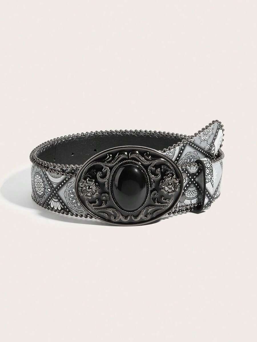 1条复古波西米亚风玛瑙装饰金属扣西部牛仔时尚腰带，适合搭配裙子、连衣裙，日常穿着，时尚百搭，户外活动，派对，圣诞节，情人节，返校季，万圣节，音乐节，秋冬季配饰，四季皆宜，适合女性、母亲节、通勤、度假、毕业礼物、生日配饰 - 彩色 - 查看 1