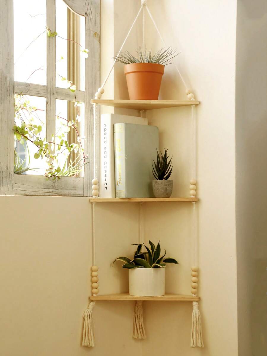 1pc Beige Bohemian Style Triangle Corner Hanging Wall Shelf, Layered Floating Display Rack, Rustic Minimalist Design With Tassel Details, Space-Saving Storage Organizer Suitable For Living Room, Bedroom, Bathroom, Kitchen, Apartment, Dorm, Plant Display, Bookshelf, Home Decor