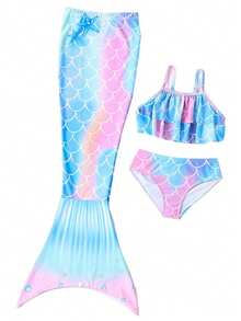 Children Girls Tankini Swimsuit 3 Piece Mermaid Bathing Suit Kids Ruffle Top With Shorts Fish Tail Bikini Set Swimwear 1-14Y - A - 查看 5
