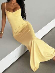 WOWDARK Summer Dress, Yellow Fashionable Women's Casual Minimalist Spaghetti Strap Backless Tie Waist Elegant Dress, Suitable For Carnival, Dates, Gatherings, Parties, Travel, Vacation, Beach And Other Occasions - Yellow - View 5