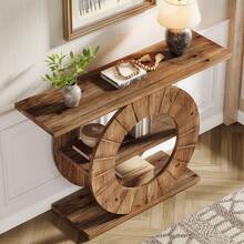 LITTLE TREE 41" Solid Wood Console Table With Storage, Farmhouse Sofa Table With 3-Tier Shelves & Carved Circle Base For Living Room, Hallway, Foyer - 棕色 - 查看 3