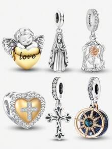 1pc Fashion Heart Angel Cross Rose Beaded Pendant, Suitable For Women Bracelet DIY Jewelry - Silver - View 1