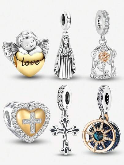 1 pieza Colgante con cuentas con diseño de corazón, ángel, cruz y rosa, adecuado para hacer pulseras de joyería DIY para mujeres