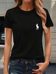 180g Pure Cotton 100% T-Shirt Horse, rider, silhouette. Women'S Relaxed Round Neck Summer Shirt, Loose Fit, Soft Feel, Breathable Material - Schwarz - Übersicht 1