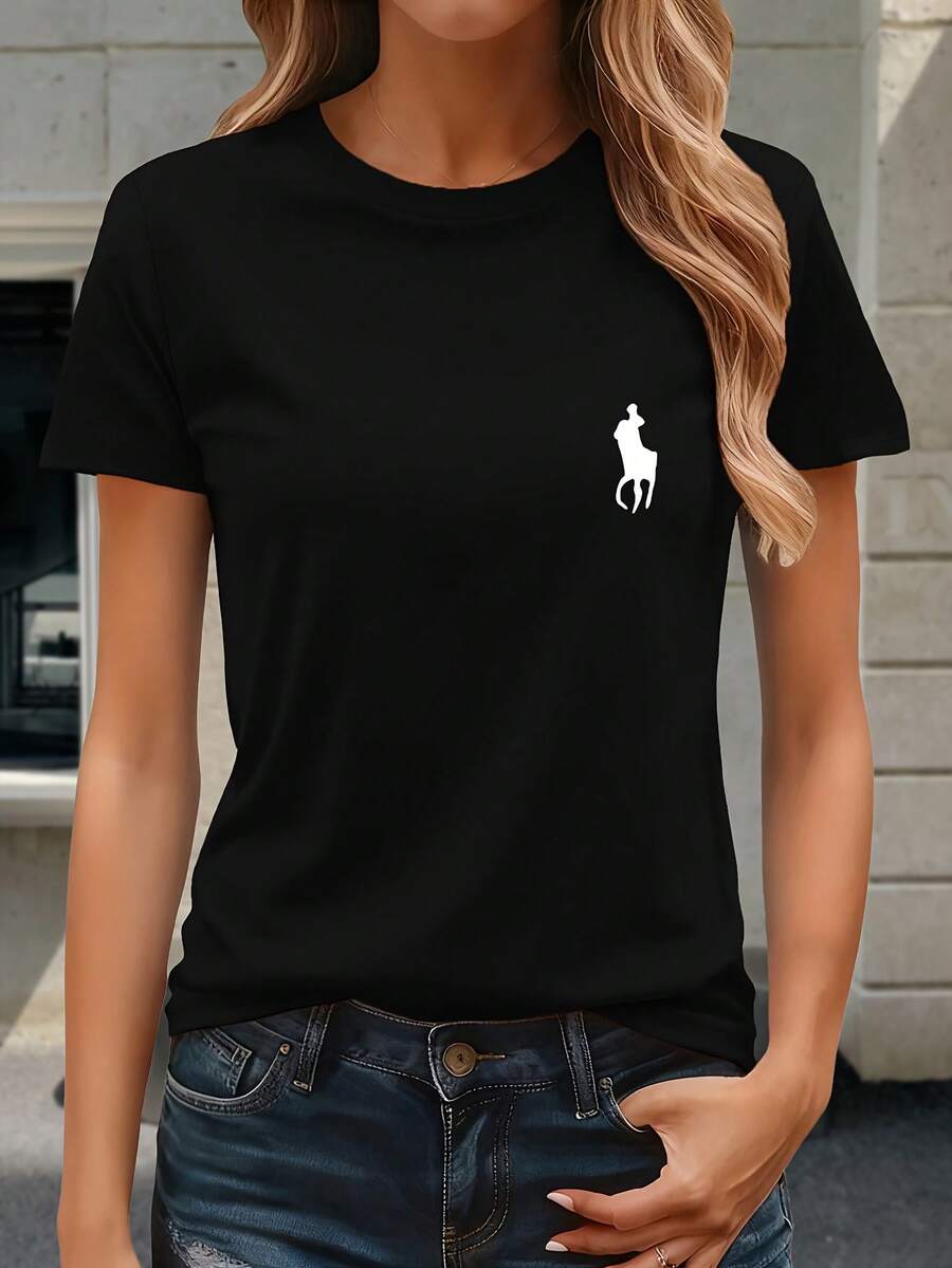 180g Pure Cotton 100% T-Shirt Horse, rider, silhouette. Women'S Relaxed Round Neck Summer Shirt, Loose Fit, Soft Feel, Breathable Material - Schwarz - Übersicht 1