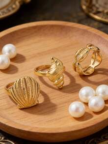 3枚波西米亚风金属几何贝壳戒指，适合日常佩戴、度假、作为珠宝礼物 - 金黃色 - 查看 2