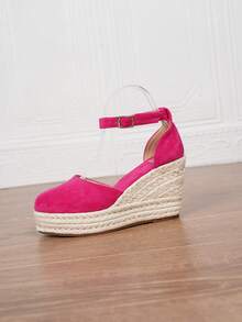 Sandale Espadrile pentru femei din piele ecologică, sandale cu platformă, de vară, cu bareta, vârf pătrat, toc de 8,5 cm, bareta la gleznă, talpă țesută din paie, model gol, mărimea 34-43, mărimi mari și obișnuite - Roz fierbinte - Vizualizare 5