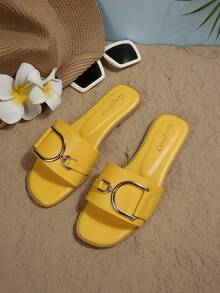 Sandalias planas de moda para mujer, con decoración de hebilla con estilo, zapatos planos casuales de verano, atuendos de playa - Amarillo - Ver 3