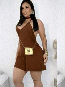Short Tailored Jumpsuit With Halter Neck, Perfect Summer Look, Beautiful Colors. - Rỉ Nâu - Xem 4