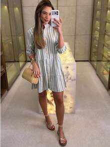 Midi Flared Shirt Dress With Mandarin Collar, High Button-Down Shirt, Linen Beach Cover-Up With Long Sleeves, Ruffled Trim, And Striped Design. - Green - View 1
