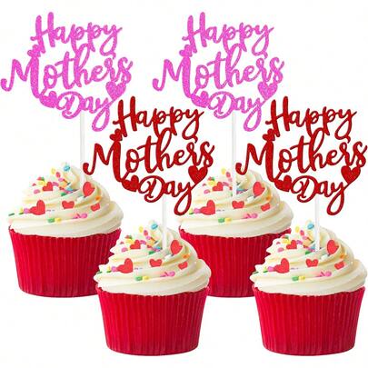 10pcs Mother's Day Cupcake Decorations, Glitter Paper Heart Cupcake Toppers, Pink Heart "Best Mom" Cupcake Picks, Red Mother's Day Theme Ladies Birthday Party Cake Decorations
