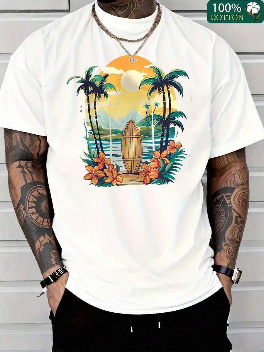 Camiseta Casual para Hombre con Estampado de Palmeras, Cocos y Atardecer, Ideal para Primavera/Verano, Salidas Familiares o Tiempo Libre, Cuello Redondo 180g, Lavable a Máquina - Negro - Ver 1