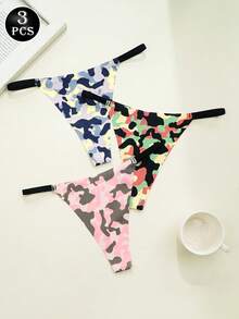 3件套迷彩印花女士舒适无痕丁字裤和文胸套装 - 彩色 - 查看 2