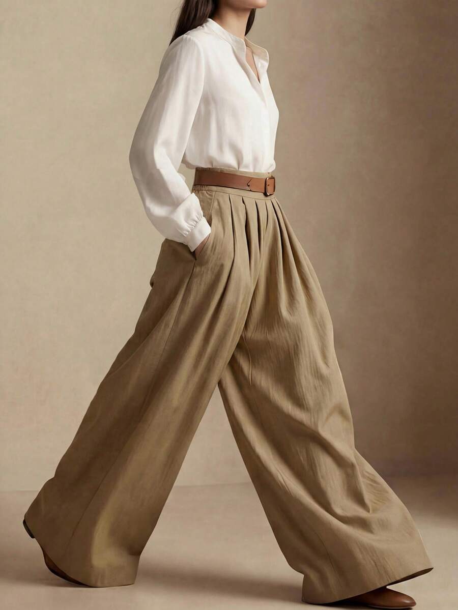 SUNSTORY 女士四季百搭纯色时尚休闲街头宽松阔腿裤，适合休闲聚会、商务通勤、夏季度假、休闲旅行、街拍等场合。 - 卡其色 - 查看 1