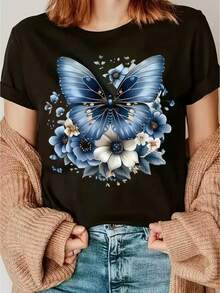 Blue Pattern Shirt Women Men Teens Casual Crew Neck Short Sleeve Artistic Design White Top Versatile Casual Versatile Short-Sleeved Shirt - 黑色 - 查看 6
