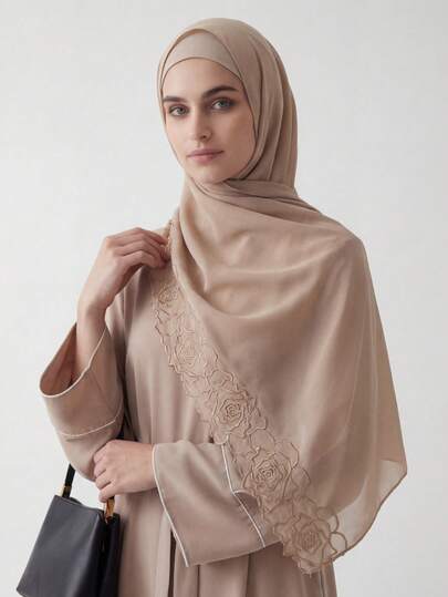 1件玫瑰刺绣优雅雪纺穆斯林头巾，适用于阿巴雅长袍。