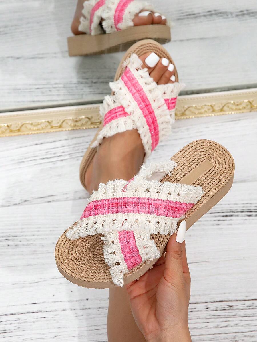 Kate Miuch 女士春夏时尚可爱多巴胺简约少女甜美粉色凉鞋，适合海滩度假、情人节约会、户外音乐节、野餐。粉色流苏饰边女士凉鞋，欧美性感街头风，柔软轻便，易于携带，浅粉色女士拖鞋