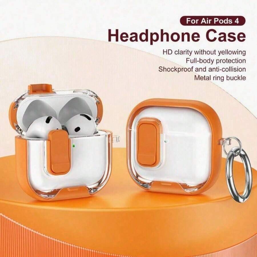 Fashion Business Bracket Compatible With Apple Bluetooth Earphones 4 Active Noise Cancellation Protective Case With Lock Clasp, Pro 3/2 2nd Generation Protective Shell Anti-Open Cover Earphone Case Full Protection Anti-Drop Earphone Cover - Orange - View 1
