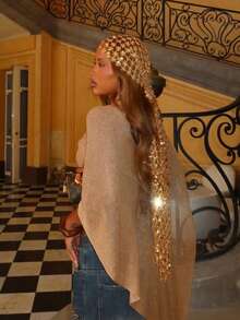 1条女士亮片刺绣围巾，透气闪亮，可作头巾、头饰、披肩、防晒服饰或搭配帽子使用，适合各种场合和所有季节。 - 金黃色 - 查看 2