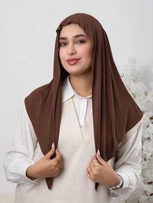 1pc Instant Triangle Hijab, All-In-One Tie-Up Design, Quick Wrap Without Slipping, No Undercap Needed, Suitable For Daily Wear, Prayer, And Outings - Coffee Brown - View 2