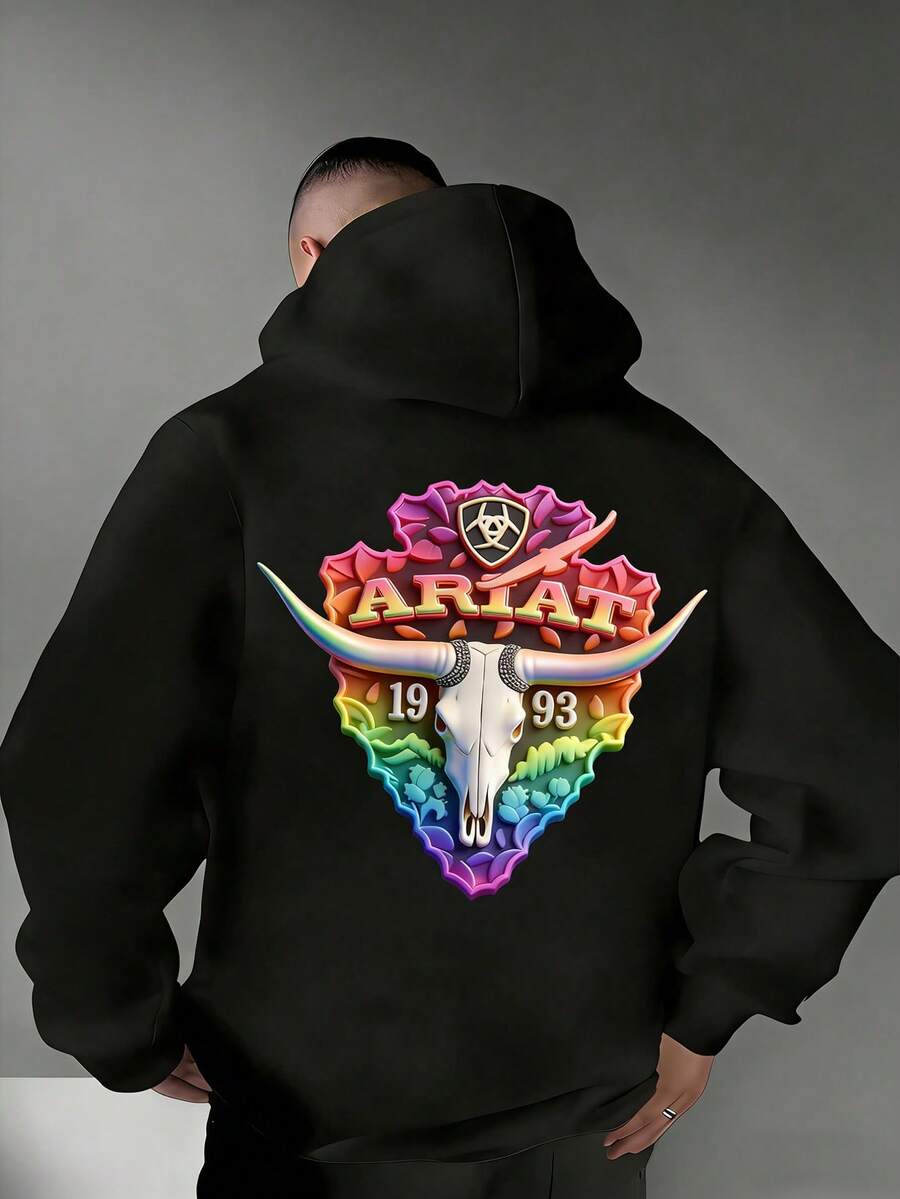 Men's A RIAT 1993 Western Retro Hoodie: Rainbow Gradient Bull's Head + A RIAT Lettering + 1993. American Retro Street Style Pullover, A Must-Have For Campus Skateboarding/Outdoor Leisure. Highly Recognizable, Loose And Comfortable Pullover. - 黑色 - 查看 1