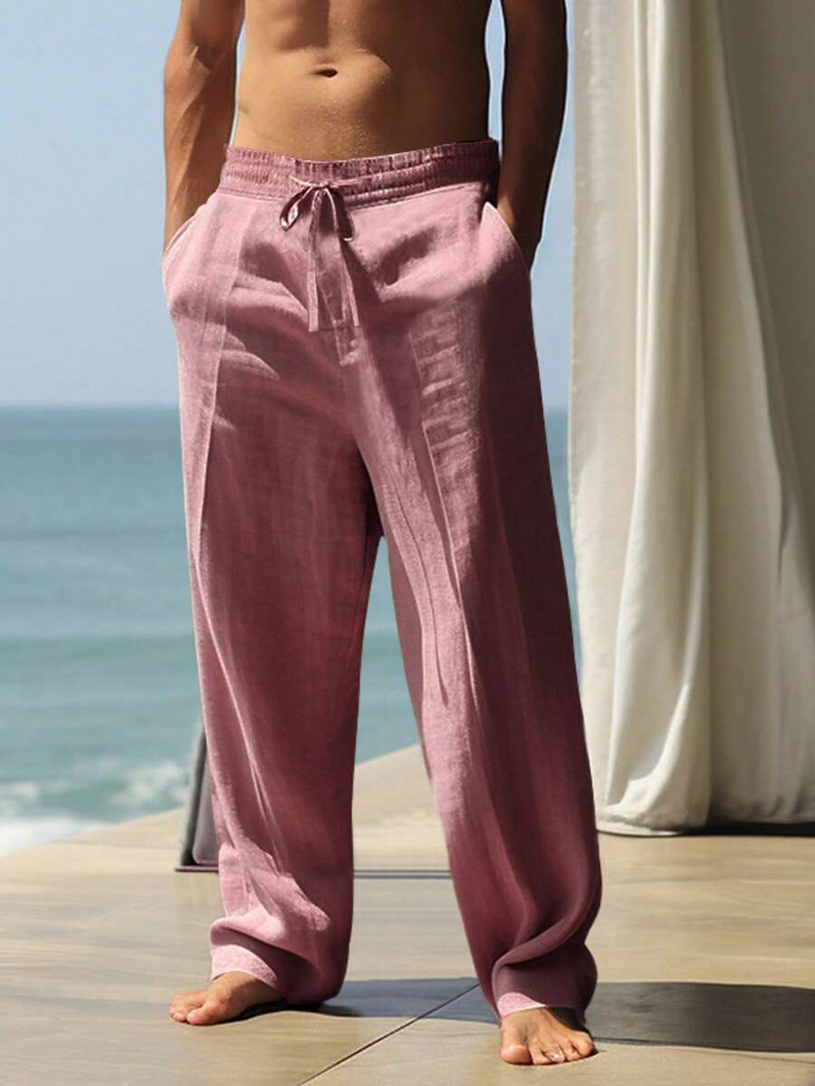 男士纯色轻薄棉麻长裤，穿着舒适，适合海滩、度假、休闲运动等场合。