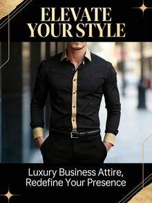 Men's Black Business Casual Shirt 2026 - Khaki Contrast Placket, Gold Metal Buttons, Comfortable, Work Shirt, Casual Friday, Daily Wear, Easy Care - Black - View 4