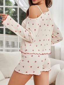 女士樱桃印花荷叶边撞色滚边优雅长袖上衣和短裤睡衣套装 - 杏色 - 查看 5
